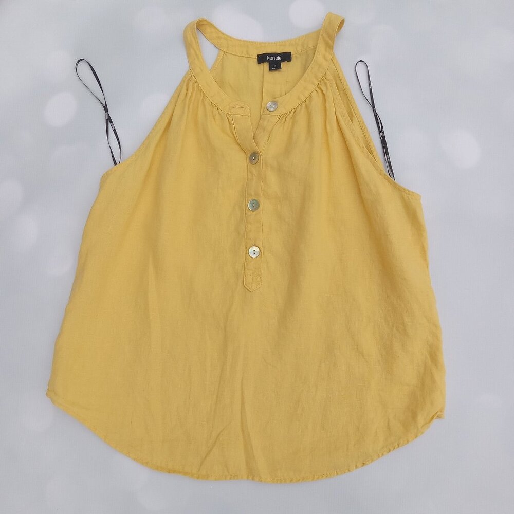 Kensie racerback sleeveless yellow LINEN tank top button front size‎ S